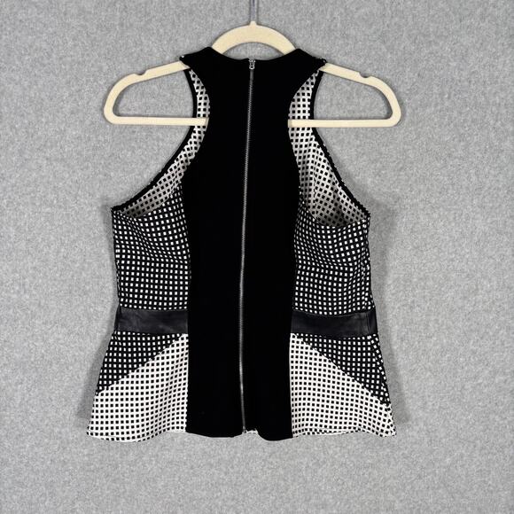 Bebe‎ Top Large Plaid Faux Leather Zipper Stretch Twee Royal Career Quiet Peplum - Picture 6 of 11